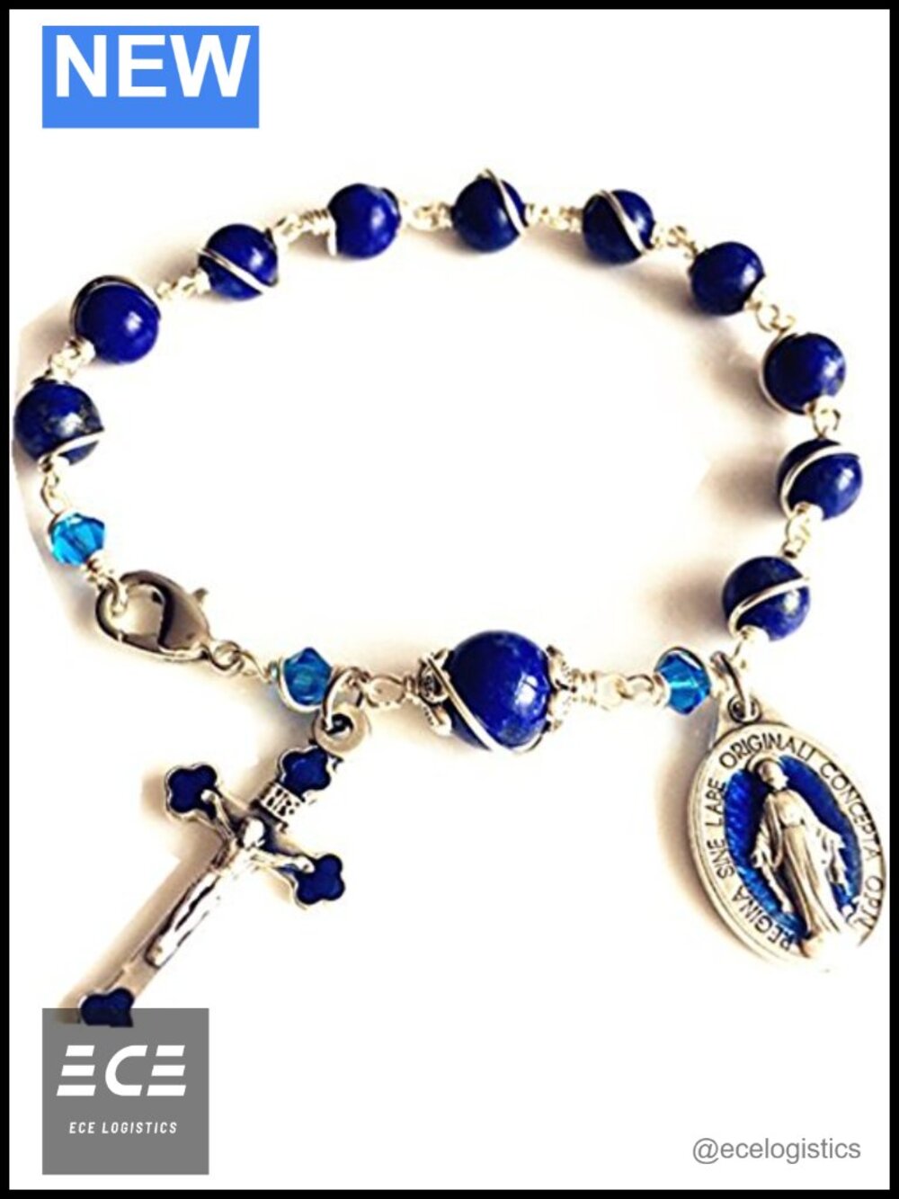 Lapis Lazuli Rosary Bracelet Silver Wire Wrapped Catholic Cross